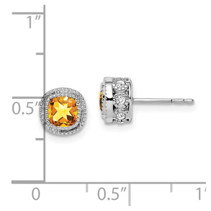 10k White Gold 4.5mm Cushion Citrine and .19 carat Diamond Post Earrings