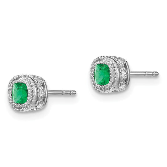 10k White Gold 3.4mm Cushion Emerald and Diamond Post Earrings