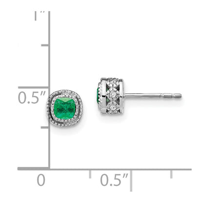 10k White Gold 3.4mm Cushion Emerald and Diamond Post Earrings