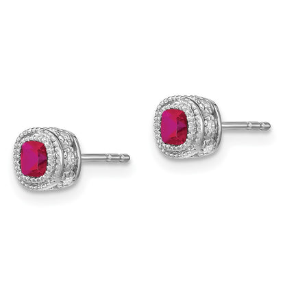 10k White Gold 3.4mm Cushion Ruby and Diamond Post Earrings