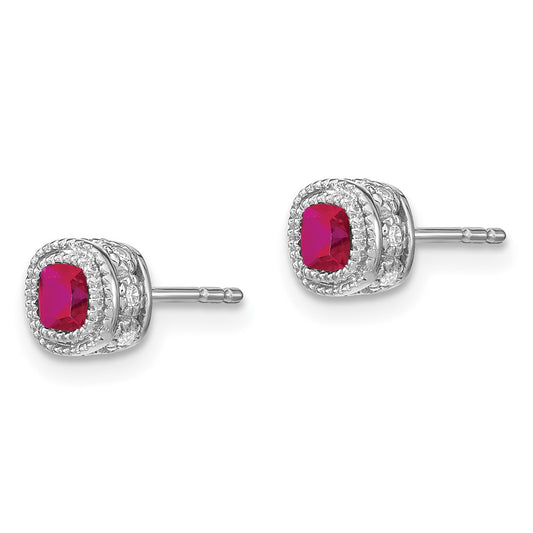 10k White Gold 3.4mm Cushion Ruby and Diamond Post Earrings