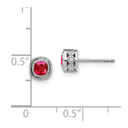 10k White Gold 3.4mm Cushion Ruby and Diamond Post Earrings
