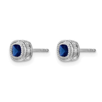 10k White Gold 3.4mm Cushion Sapphire and Diamond Post Earrings