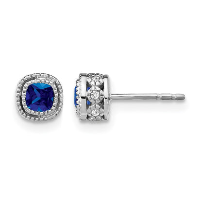 10k White Gold 3.4mm Cushion Sapphire and Diamond Post Earrings