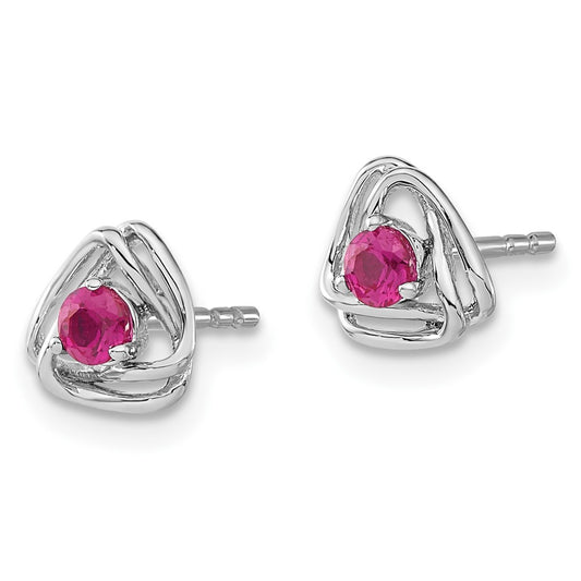 14k White Gold 3mm Round July/Lab Created Ruby Triangle Post Earrings