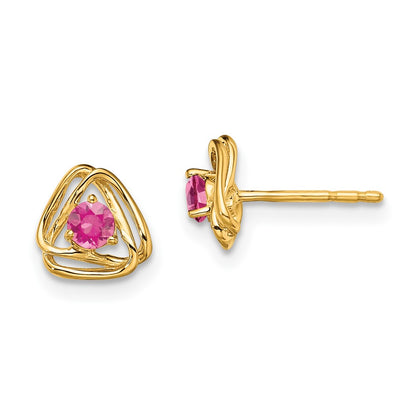 14k White Gold 3mm Round October/Pink Tourmaline Triangle Post Earrings