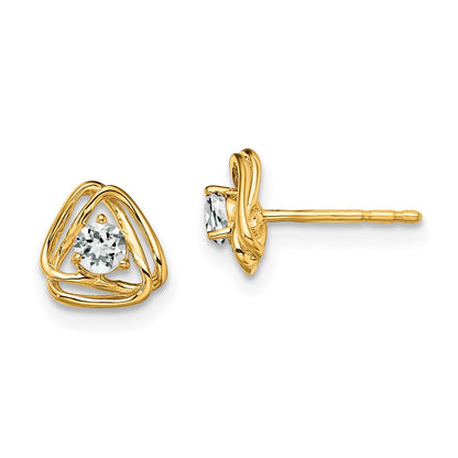 14k 3mm Round April/White Topaz Triangle Post Earrings