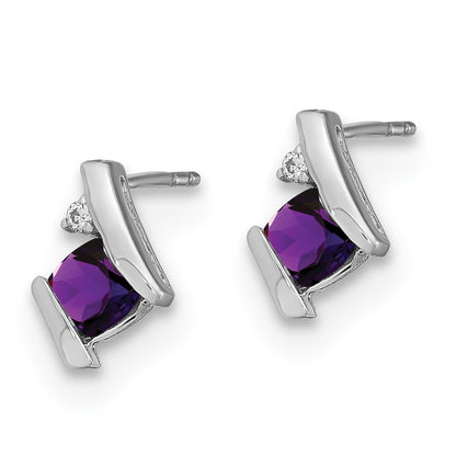 10k White Gold 4mm Cushion February/ Amethyst and Diamond Post Earrings