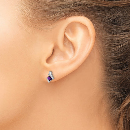 10k White Gold 4mm Cushion February/ Amethyst and Diamond Post Earrings