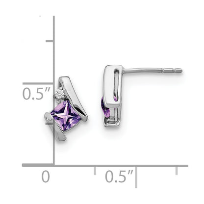 10k White Gold 4mm Cushion February/ Amethyst and Diamond Post Earrings
