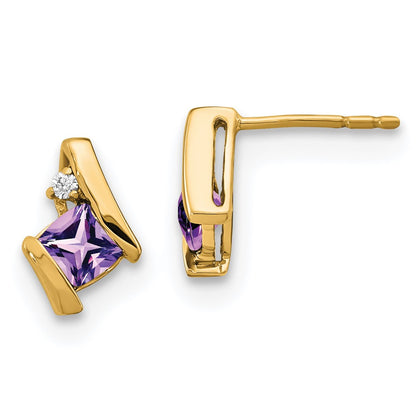 10k 4mm Cushion February/ Amethyst and Diamond Post Earrings