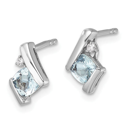 10k White Gold 4mm Cushion March/ Aquamarine and Diamond Post Earrings