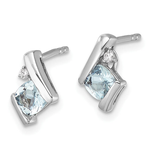 10k White Gold 4mm Cushion March/ Aquamarine and Diamond Post Earrings