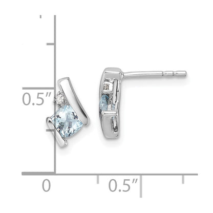 10k White Gold 4mm Cushion March/ Aquamarine and Diamond Post Earrings