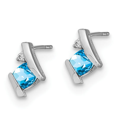 10k White Gold 4mm Cushion December/ Blue Topaz and Diamond Post Earrings