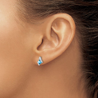 10k White Gold 4mm Cushion December/ Blue Topaz and Diamond Post Earrings