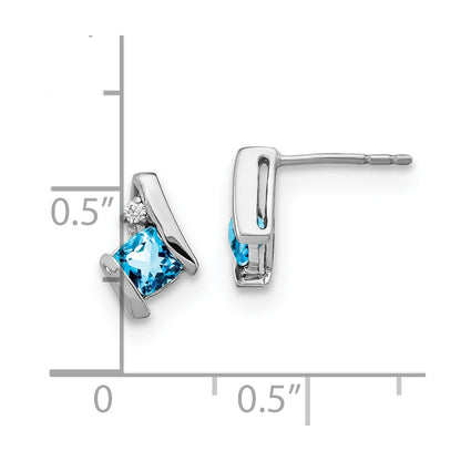 10k White Gold 4mm Cushion December/ Blue Topaz and Diamond Post Earrings