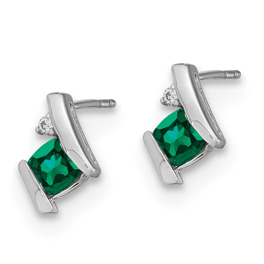 10k White Gold 4mm Cushion May/ Lab-Created Emerald and Diamond Post Earrings