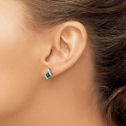 10k White Gold 4mm Cushion May/ Lab-Created Emerald and Diamond Post Earrings