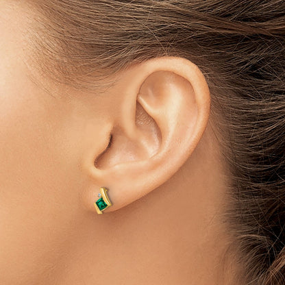 10k 4mm Cushion May/ Lab-Created Emerald and Diamond Post Earrings