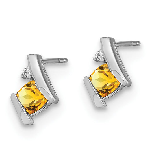 10k White Gold 4mm Cushion November/ Citrine and Diamond Post Earrings