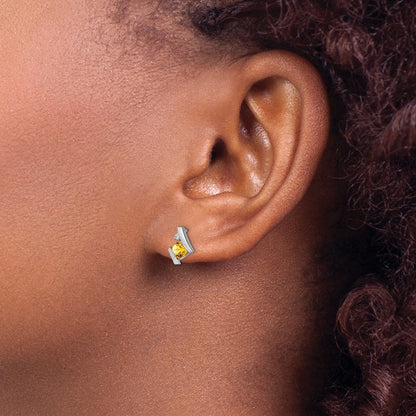 10k White Gold 4mm Cushion November/ Citrine and Diamond Post Earrings