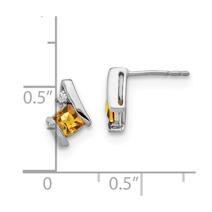 10k White Gold 4mm Cushion November/ Citrine and Diamond Post Earrings