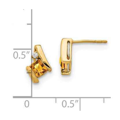 10k 4mm Cushion November/ Citrine and Diamond Post Earrings