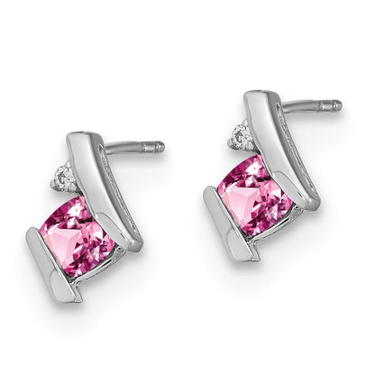 10k White Gold 4mm Cushion October/ Lab-Created Pink Sapphire and Diamond Post Earrings