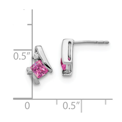 10k White Gold 4mm Cushion October/ Lab-Created Pink Sapphire and Diamond Post Earrings