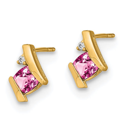10k 4mm Cushion October/ Lab-Created Pink Sapphire and Diamond Post Earrings