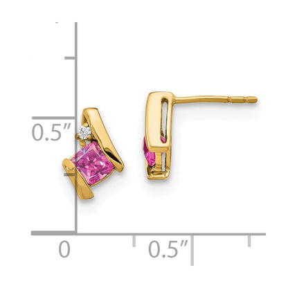 10k 4mm Cushion October/ Lab-Created Pink Sapphire and Diamond Post Earrings