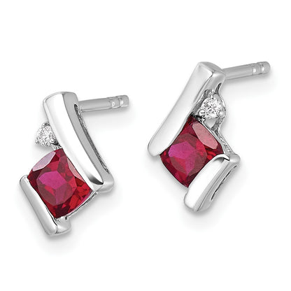 10k White Gold 4mm Cushion July/ Lab-Created Ruby and Diamond Post Earrings
