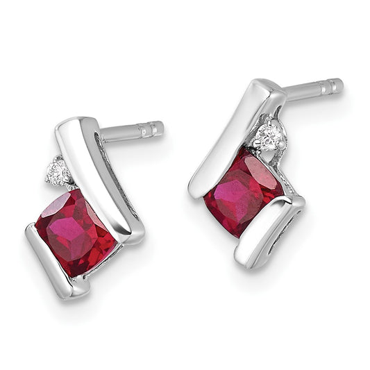 10k White Gold 4mm Cushion July/ Lab-Created Ruby and Diamond Post Earrings