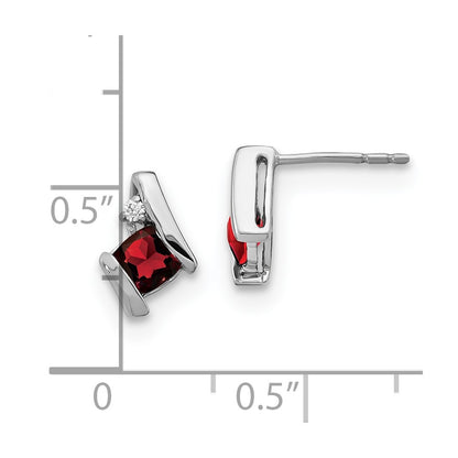 10k White Gold 4mm Cushion January/ Garnet and Diamond Post Earrings