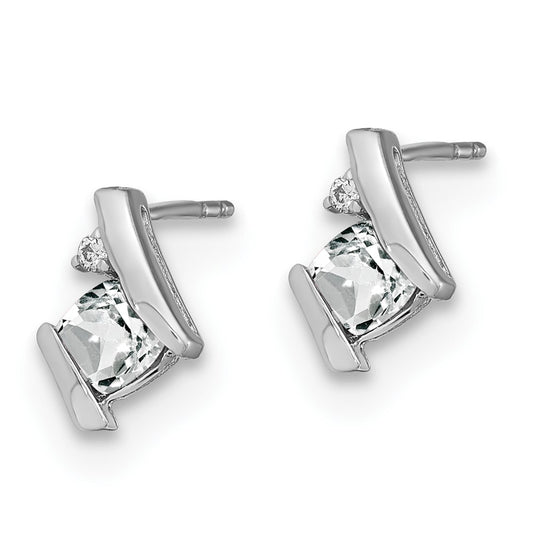 10k White Gold 4mm Cushion April/ White Topaz and Diamond Post Earrings