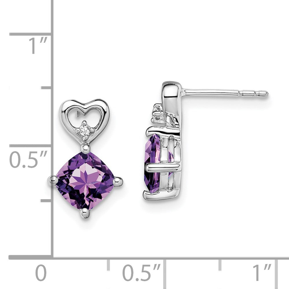 14k White Gold 6mm Cushion February/Amethyst and Diamond Heart Post Earrings