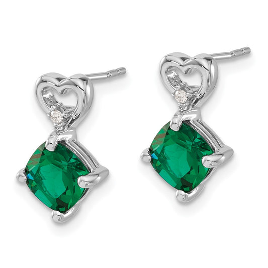 14k White Gold 6mm Cushion May/Lab Created Emerald and Diamond Heart Post Earrings