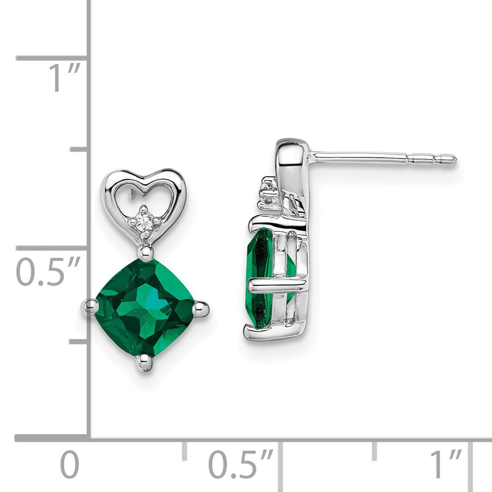 14k White Gold 6mm Cushion May/Lab Created Emerald and Diamond Heart Post Earrings
