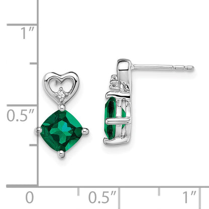 14k White Gold 6mm Cushion May/Lab Created Emerald and Diamond Heart Post Earrings