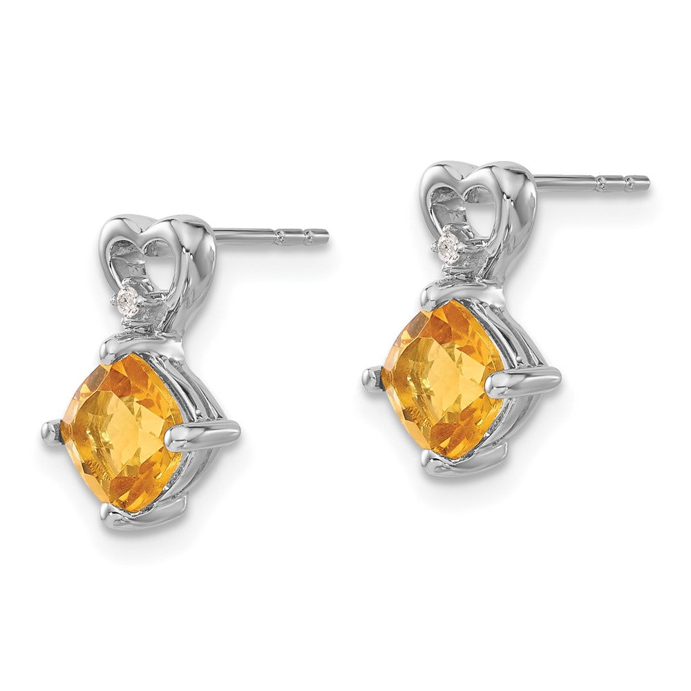14k White Gold 6mm Cushion November/Citrine and Diamond Heart Post Earrings