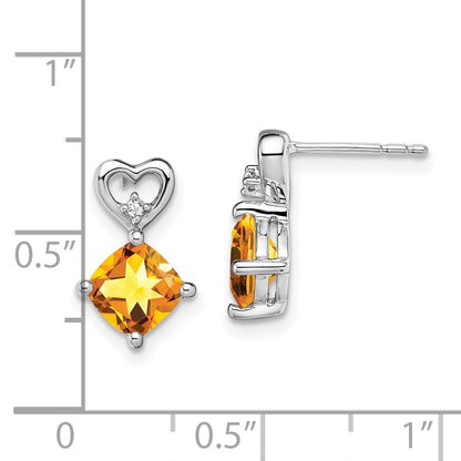 14k White Gold 6mm Cushion November/Citrine and Diamond Heart Post Earrings