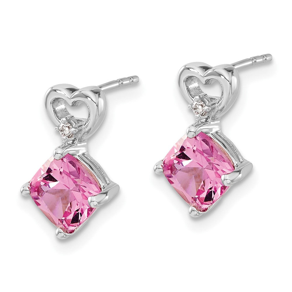 14k White Gold 6mm Cushion October/Lab Created Pink Sapphire and Diamond Heart Post Earrings