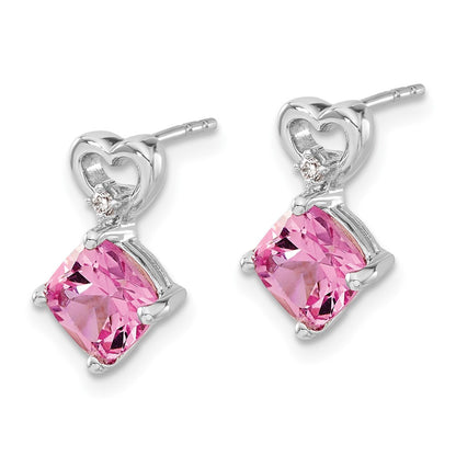 14k White Gold 6mm Cushion October/Lab Created Pink Sapphire and Diamond Heart Post Earrings