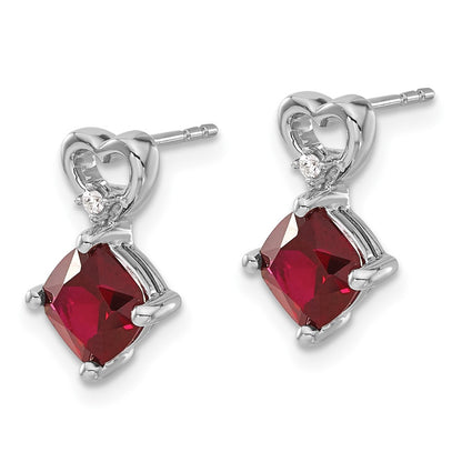 14k White Gold 6mm Cushion July/Lab Created Ruby and Diamond Heart Post Earrings