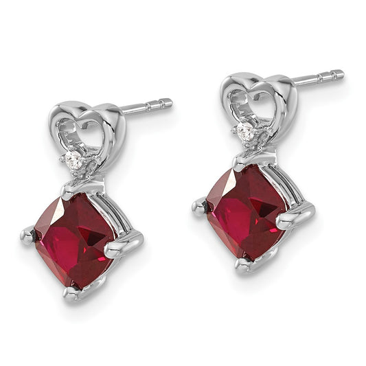 14k White Gold 6mm Cushion July/Lab Created Ruby and Diamond Heart Post Earrings
