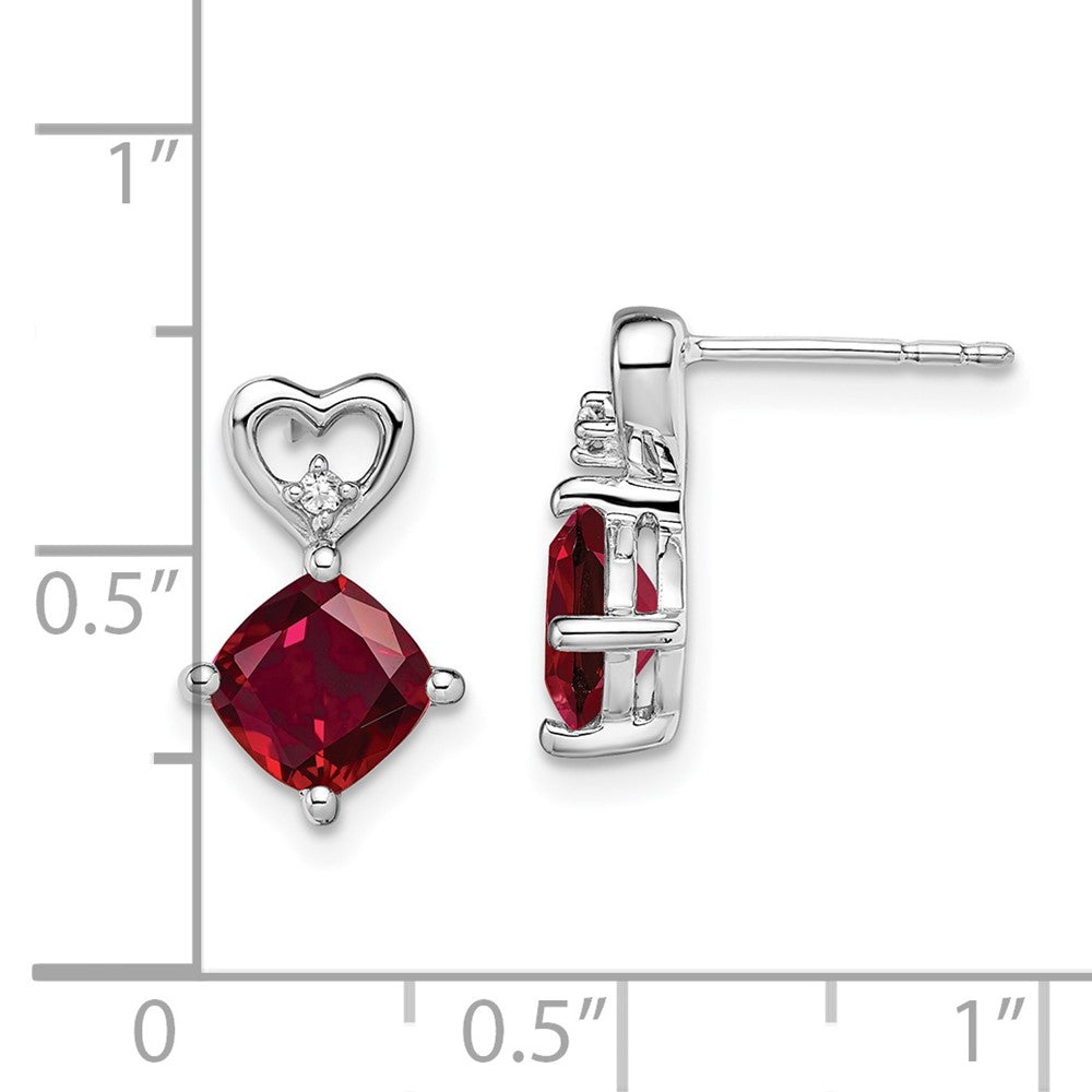 14k White Gold 6mm Cushion July/Lab Created Ruby and Diamond Heart Post Earrings
