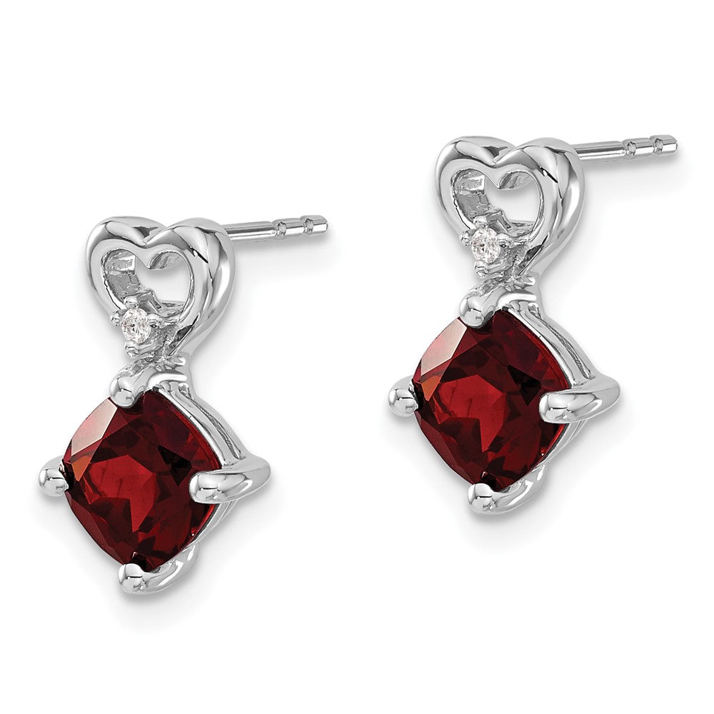14k White Gold 6mm Cushion January/Garnet and Diamond Heart Post Earrings