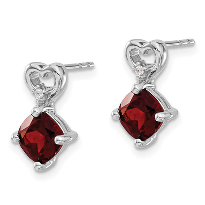 14k White Gold 6mm Cushion January/Garnet and Diamond Heart Post Earrings