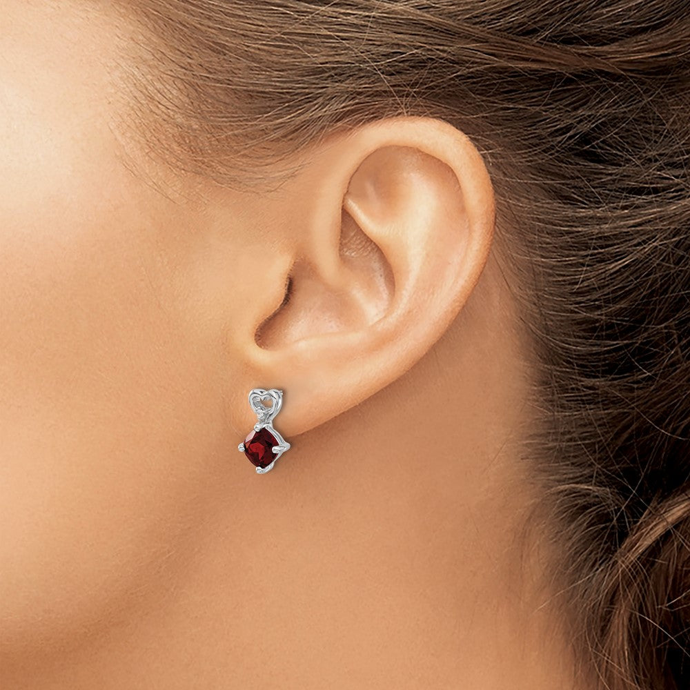 14k White Gold 6mm Cushion January/Garnet and Diamond Heart Post Earrings